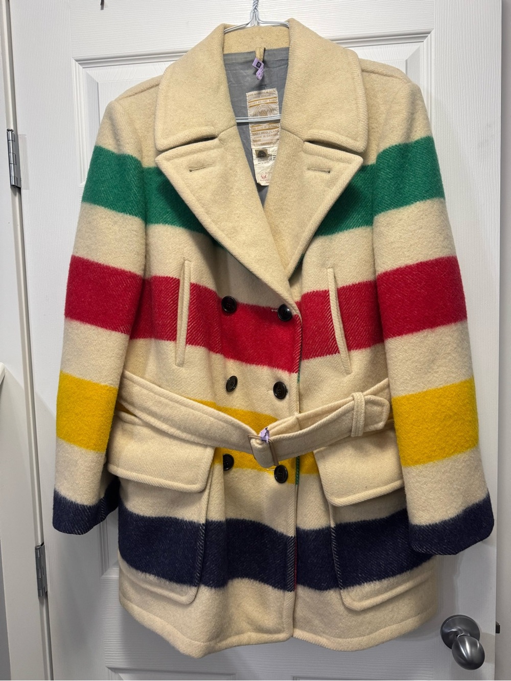 Wool Blend Striped Peacoat Jacket in Cream with Multicolor Stripes